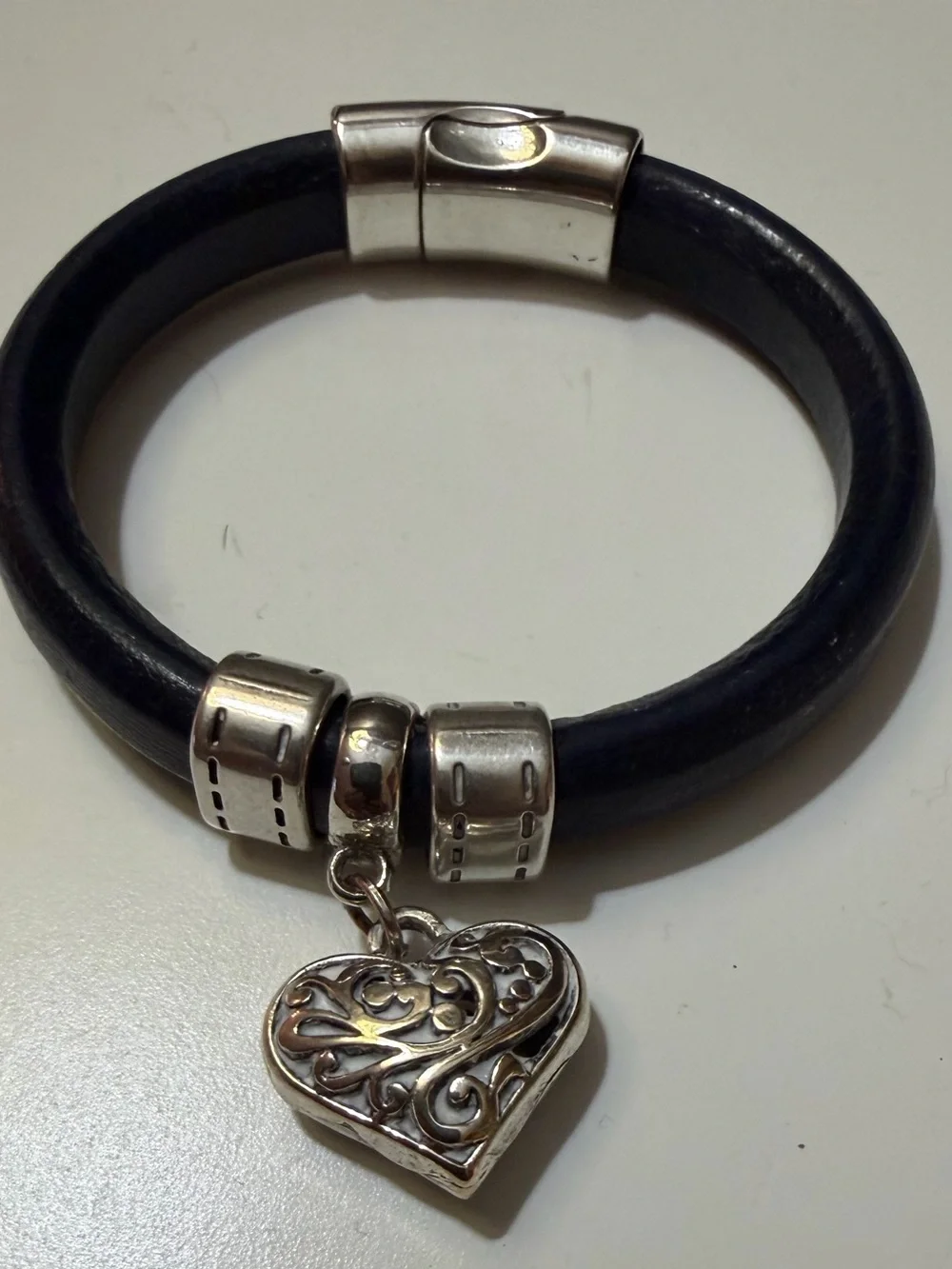 Sundance Navy Leather Bracelet with Filigree Heart Charm